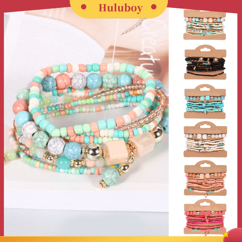 Hu Hu Hu Hu Hu Alat Bantu Pasang Kacamata♡ 8pcs / Set Gelang Tali Elastis Multilayer Aksen Manik-Manik Handmade Gaya Bohemia Untuk Wanita