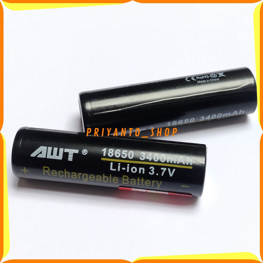 Battery 18650 Original Rechargeable Baterai Cas Batrei Charger AWT ORI