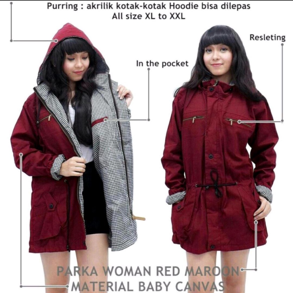 JAKET PARKA WANITA BIG SIZE BAGIAN HOODIE BISA DILEPAS DAN BOLAK BALIK /JAKET PARKA WANITA KANVAS SIZE L SAMPE 4XL BIG SIZE