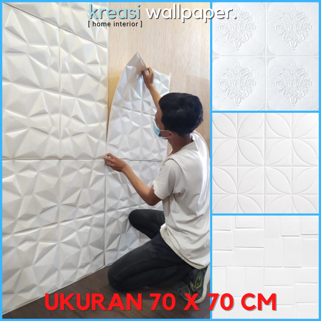 Wallpaper Dinding 3D Foam Sticker Panel Bunga Diamond Putih Minimalis Timbul | Wall Panel 3D