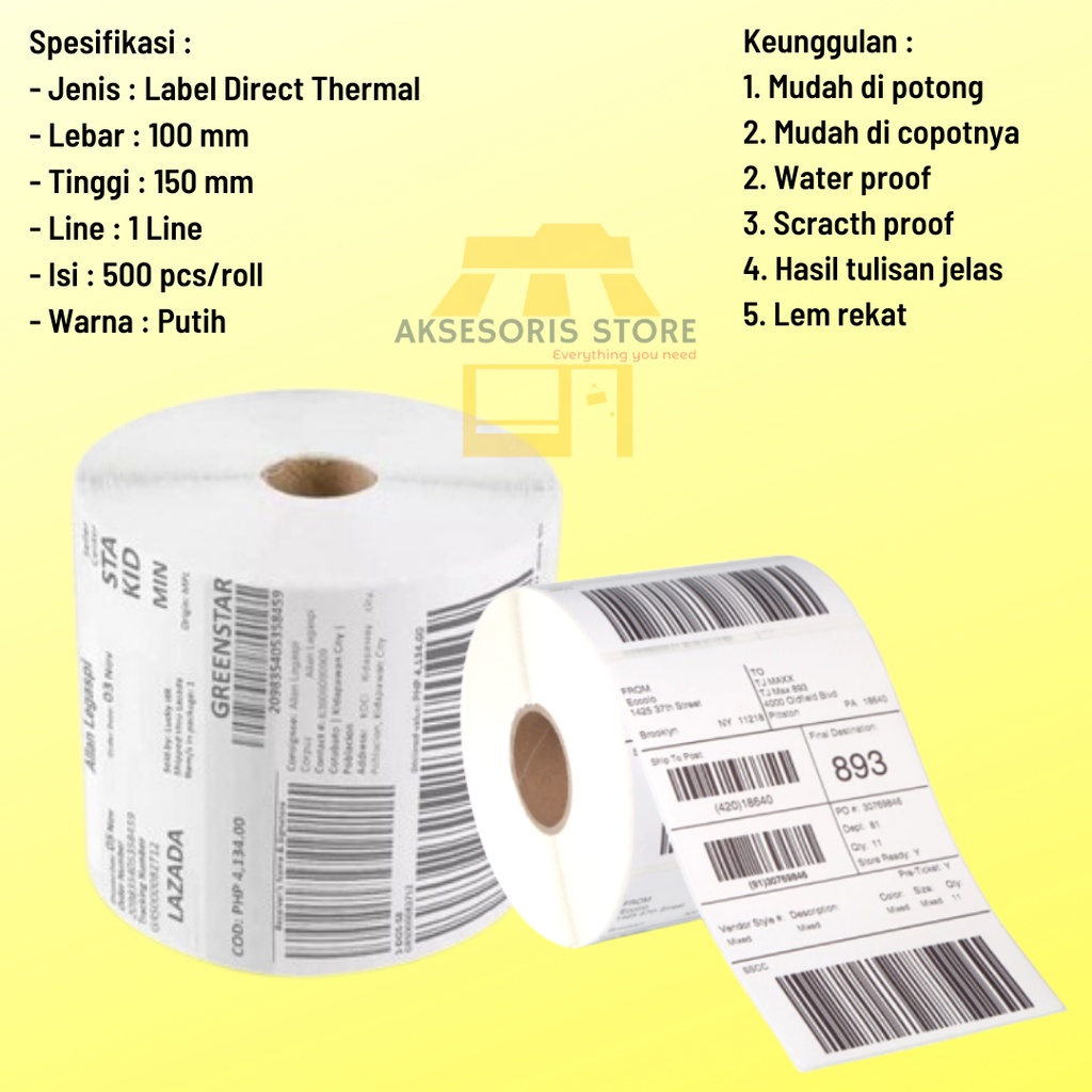 

KERTAS THERMAL LABEL STICKER 100X150 500PCS ROLL UKURAN A6 RESI BARCODE