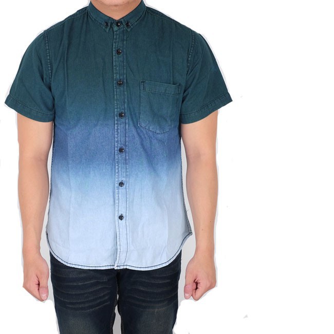 kemeja pria lengan pendek denim gradation / baju cowok jeans pendek gradasi slimfit | BRH