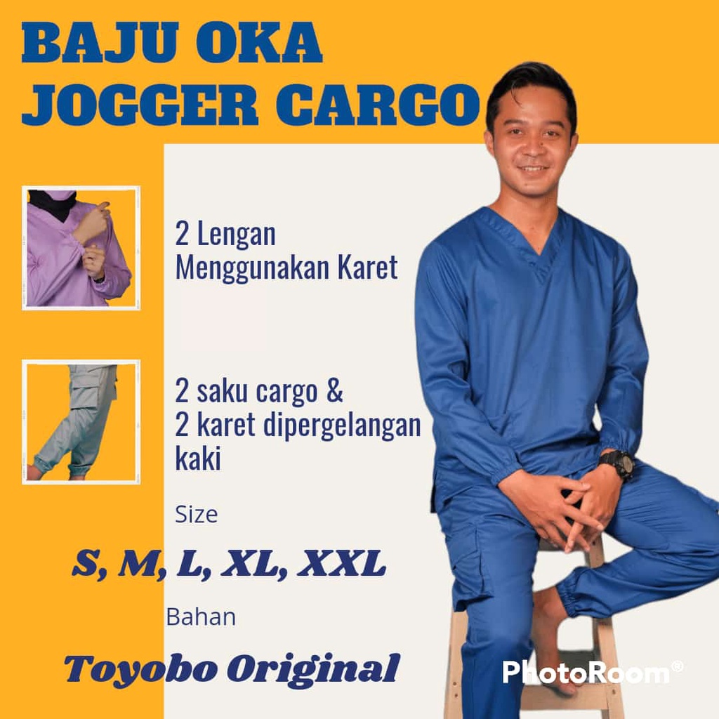 Baju Ok Oka Jogger Cargo | Baju Jaga Dokter Scrub Medis Perawat Lengan Karet Bahan Toyobo