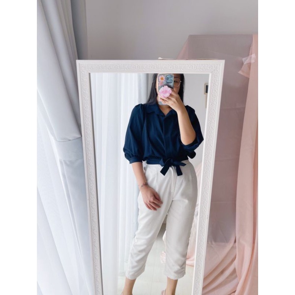 IO001 Puff Sleeves Shirt in Navy NEW / Kemeja lengan puff / kemeja korea / Korean Style