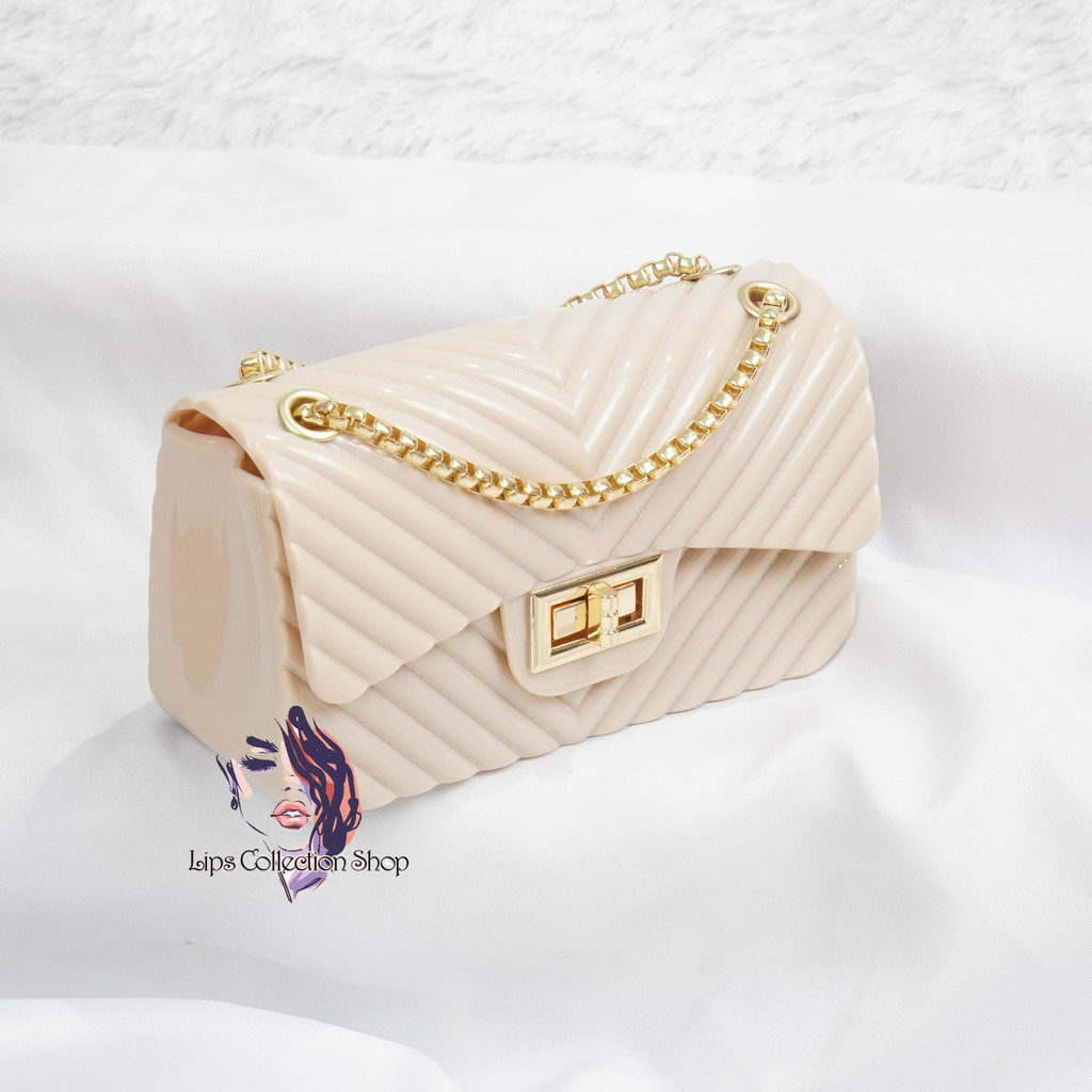 Tas Jelly Glossy Motif Salur Size 18 Cm Rantai Gold