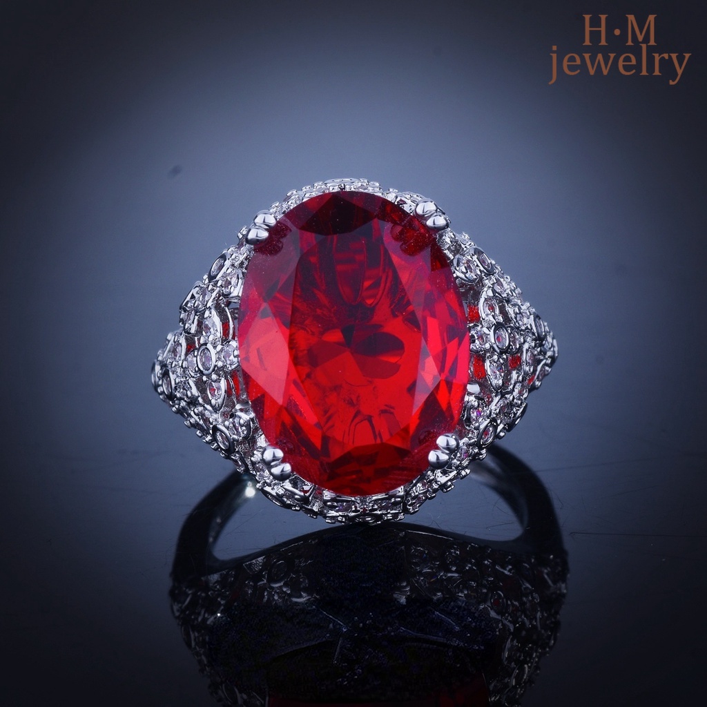 Cincin Berlian Ruby Besar Bahan S925 Silver