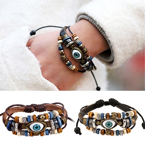 Hu Hu Hu Hu Hu Alat Bantu Pasang Kacamata♡ Gelang Tangan Kulit Imitasi Adjustable Aksen Mata Turki Handmade Untuk Unisexpriawanita