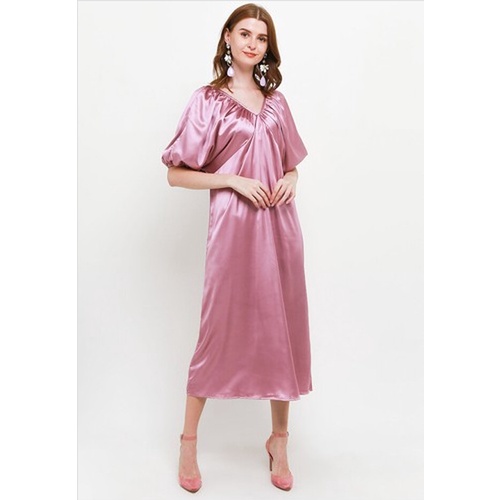 ICONS DEEP V NECK CROSS BACK SILKY PUFF SLEEVE DRESS LEBARAN MODERN MEWAH FASHION WANITA TNIC0601BB/0422