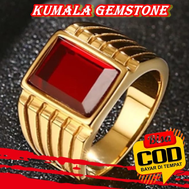 Tren Mode Pria Emas Batu Merah Besar Fashion Keren Perhiasan Cincin Pesta Besar
