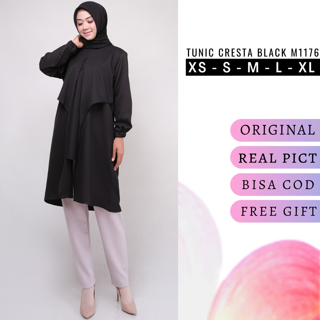 Tunik panjang wanita muslim tunic polos hitam Cresta M1176