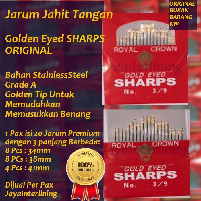 Jarum Jahit Tangan Stainless Steel Premium Golde EYED Merek Sharps