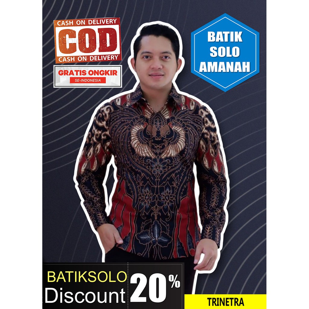 TRINETRA PANJANG BATIK INDONESIA KEMEJA BATIK PRIA SOLO LENGAN PANJANG LAPIS FURING ATASAN PREMIUM MODERN KATUN HALUS ARISWARA PUTIH GONDROWARU ABANG MERAK PUTIH PROBOSETO ARGO LAWU MACAN RAFFI SEMAR PUTIH DAMARLANGIT CENDRAWASIH DWIPO JOKOWI WAYANG BATIK