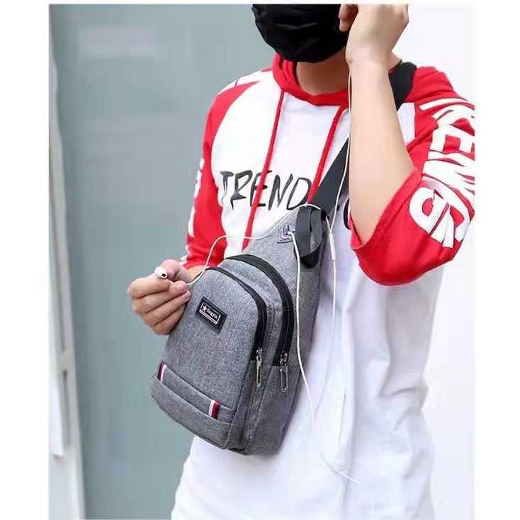 Tas Selempang Kanvas 7133 Fashion IMPOR Cowo Korean Style Slempang Gadget Bag ADA USB CHARGER port