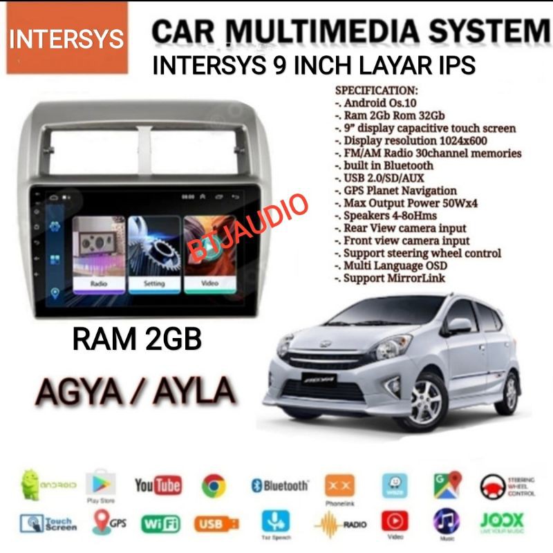 HEAD UNIT TAPE MOBIL ANDROID INTERSYS TOYOTA AGYA AYLA RAM 2GB LAYAR 9 INCH