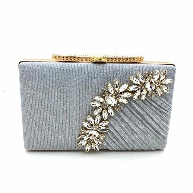 TAS PESTA/KONDANGAN/PARTY CLUTCH WANITA MEWAH KAIN GLITTER PERMATA - Silver