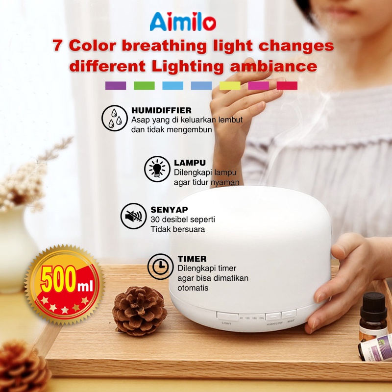 (Aimilo) Humidifier Diffuser Air Purifier Aromaterapi Essential oil Difuser Ruangan 500ml +Remote-6