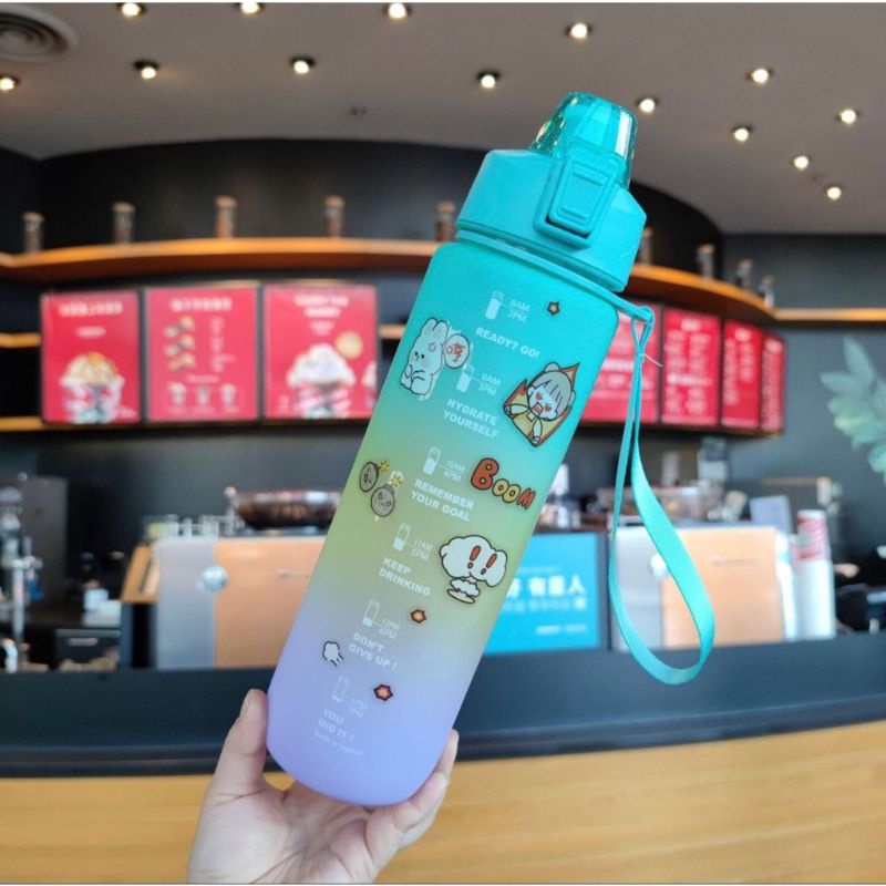 BOTOL MINUM 1 LITER BOTOL MINUM RAINBOW KOREA VIRAL BOTOL MINUM MOTIVASI FREE STICKER 2D DAN 3D JRW0016