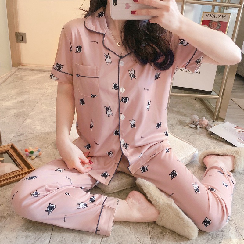 BAJU TIDUR PIYAMA SET KEMEJA CP LENGAN PENDEK CELANA PANJANG IMPORT PREMIUM BANYAK MOTIF-Pink Puppy