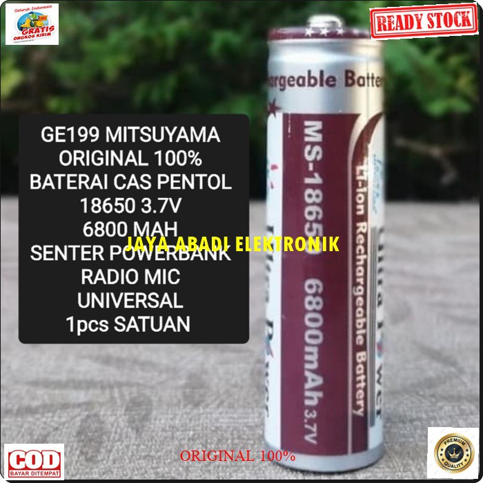 G199 BATERAI MITSUYAMA 18650 PENTOL 3.7V BATERE 6800  CAS CASAN CHARGER SENTER POLICE ULTRA POWER VAPE VAPOR  POWERBANK  HARGA SATUAN UNIVERSAL  Type Lithium Ion Battery Model 18650 Battery Capacity 6800 mAh Battery Voltage 3.7 V  Dapat Digunakan untu