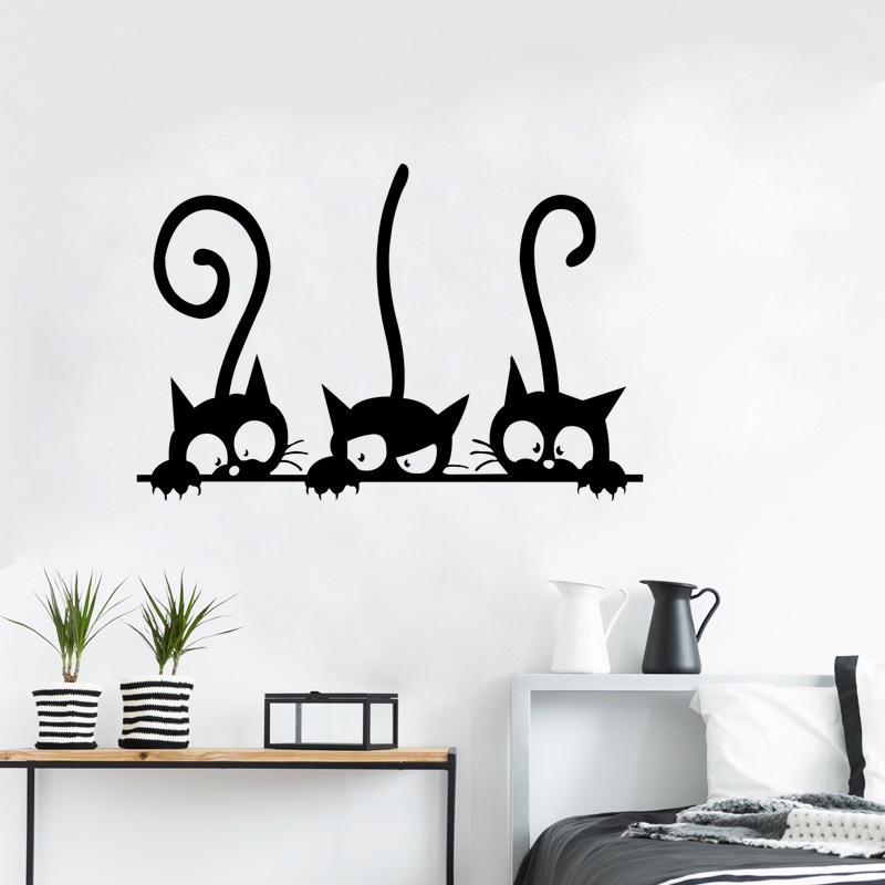 Stiker Dinding Desain Tiga Kucing Hitam Dapat Dilepas Untuk Dekorasi Kamar Tidur