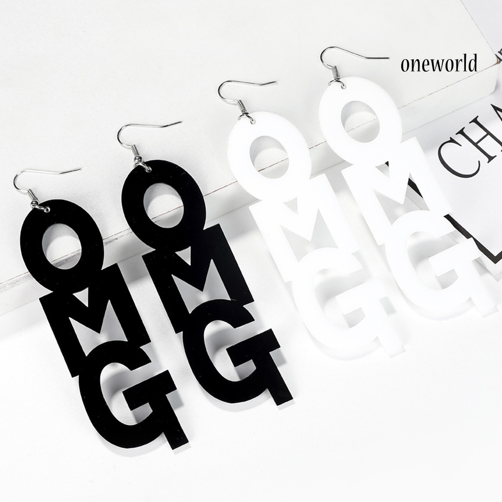 OW@ Hip Hop OMG Letter Acrylic Long Dangle Statement Women Hook Earrings Jewelry