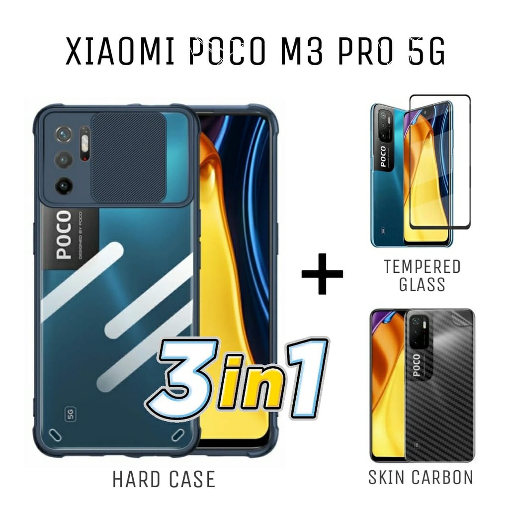 Case XIAOMI POCO M3 PRO 5G Paket 3in1 Hard Case Fusion Shield Free Tempered Glass dan Skin Carbon