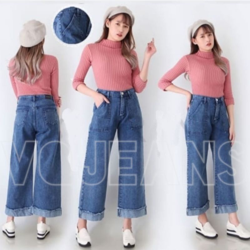 EONNI KULOT JEANS saku depan stik balik polos