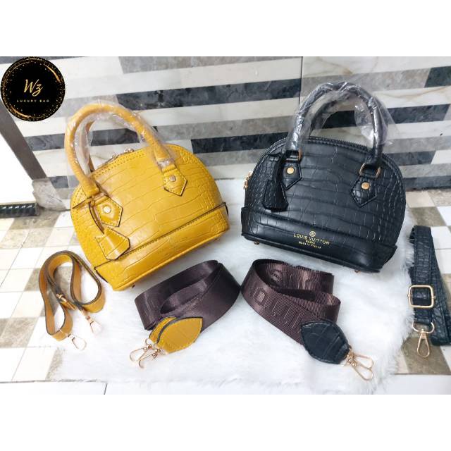 HANDBAG FULL EMBOSED PREMIUM BRANDED SLEMPANG MINI | TAS LV ALMA CROCO MINI SUPER 2 TALI IMPORT BATA