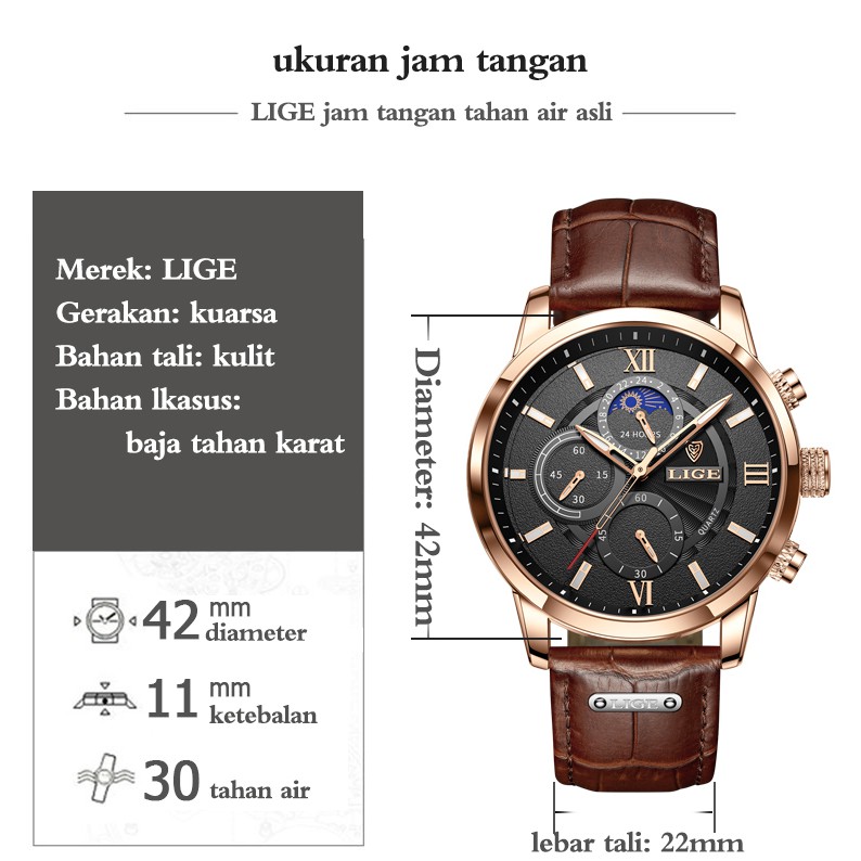 LIGE original jam tangan pria tali kulit anti air olahraga kronograf jam tangan