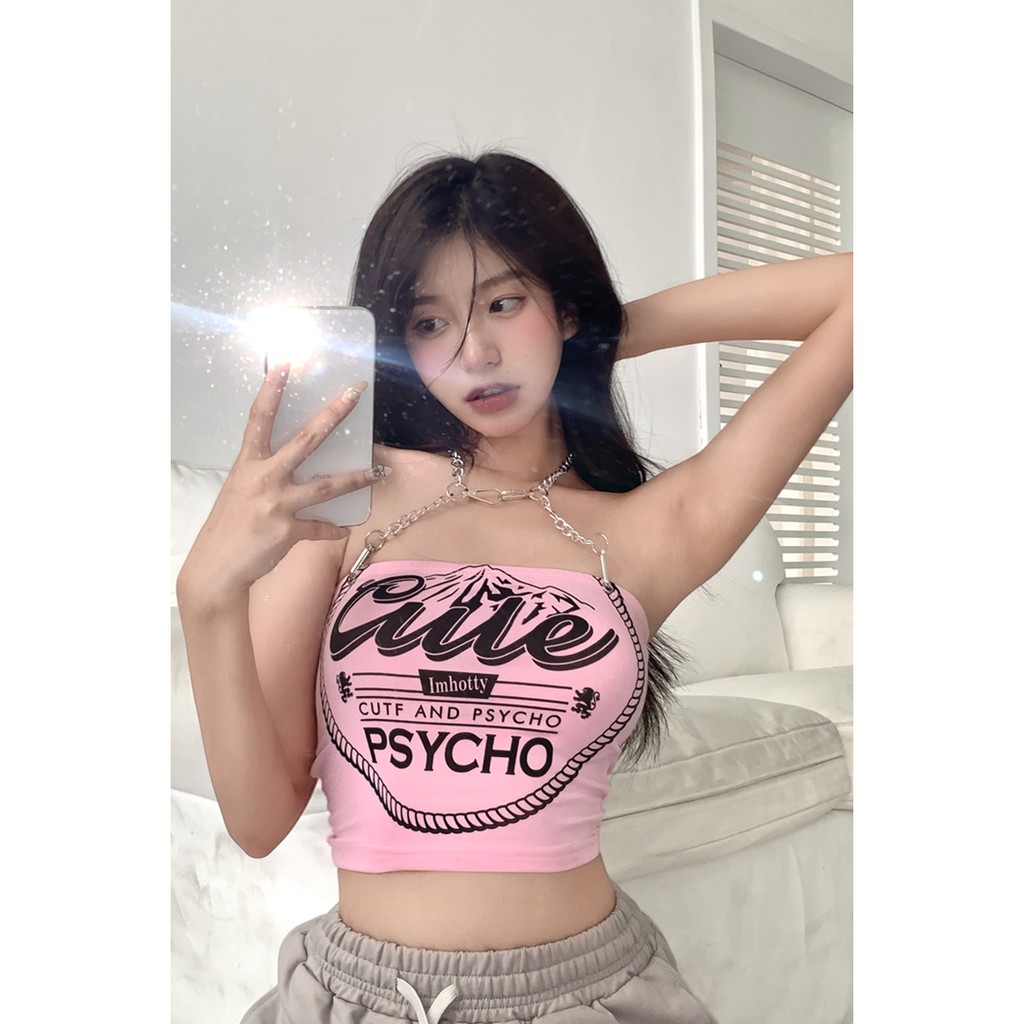Rantai Kamisol Pendek Wanita Berwarna Merah Muda Seksi Pakaian Dalam Halter Top