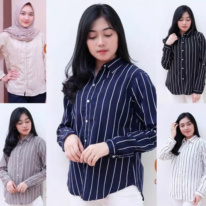 Atasan Kemeja Wanita Lengan Panjang Terbaru Monalisa Motif Garis Salur FIA.Collection-Krem