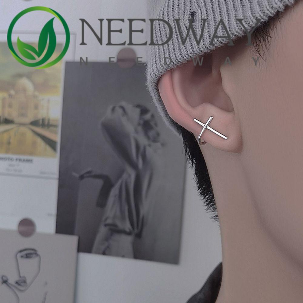 Anting Stud Desain Salib Geometris Rongga Bahan Logam Lapis Perak Gaya Punk Korea Untuk Pria