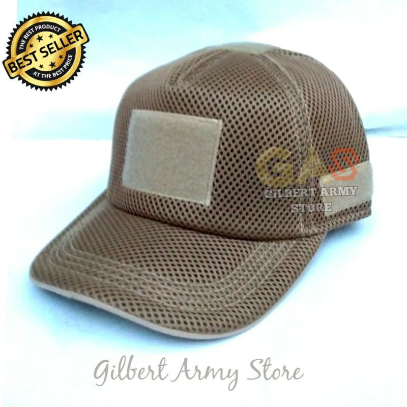 Topi Velcro Jaring Tan Gurun Crem-Topi Perekat Army Murah-Gilbert Army Store-Grosir Topi Tni Murah