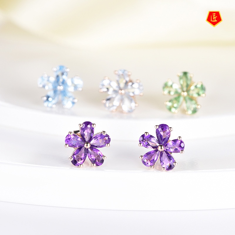 [Ready Stock]Simple Navy Blue Topaz Amethyst Stud Earrings for Women