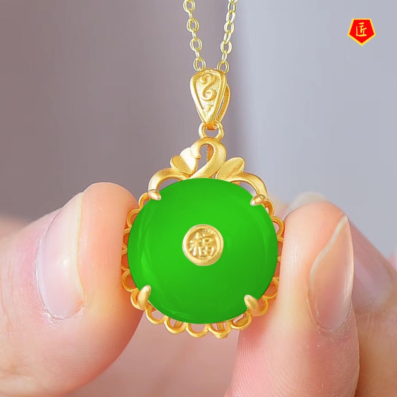 [Ready Stock]Hetian Jade Safety Buckle Pendant Women's Gold Inlaid with Jade Temperament