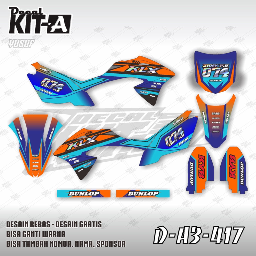 Decal Klx 150 Bf  MOTIF SIMPLE BIRU ORANGE D-A3-417