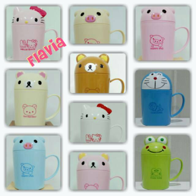 Mug/gelas karakter kartun Rilakuma, hello kitty, pig 