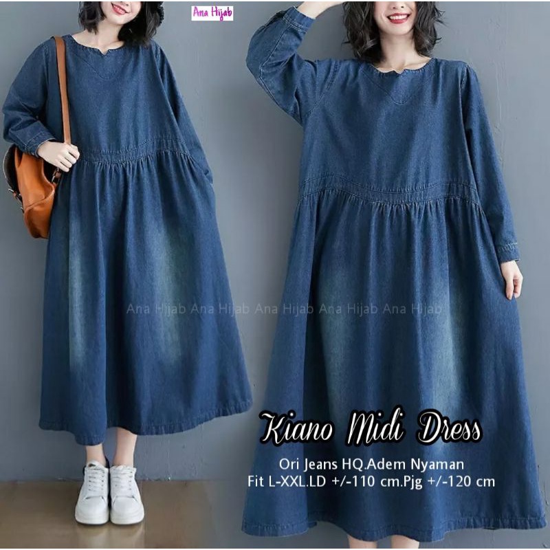 DRESS MIDI JEANS JUMBO/MIDI DRESS WANITA ORI JEANS HQ JUMBO LD 110 CM FIT XXL/KIANO
