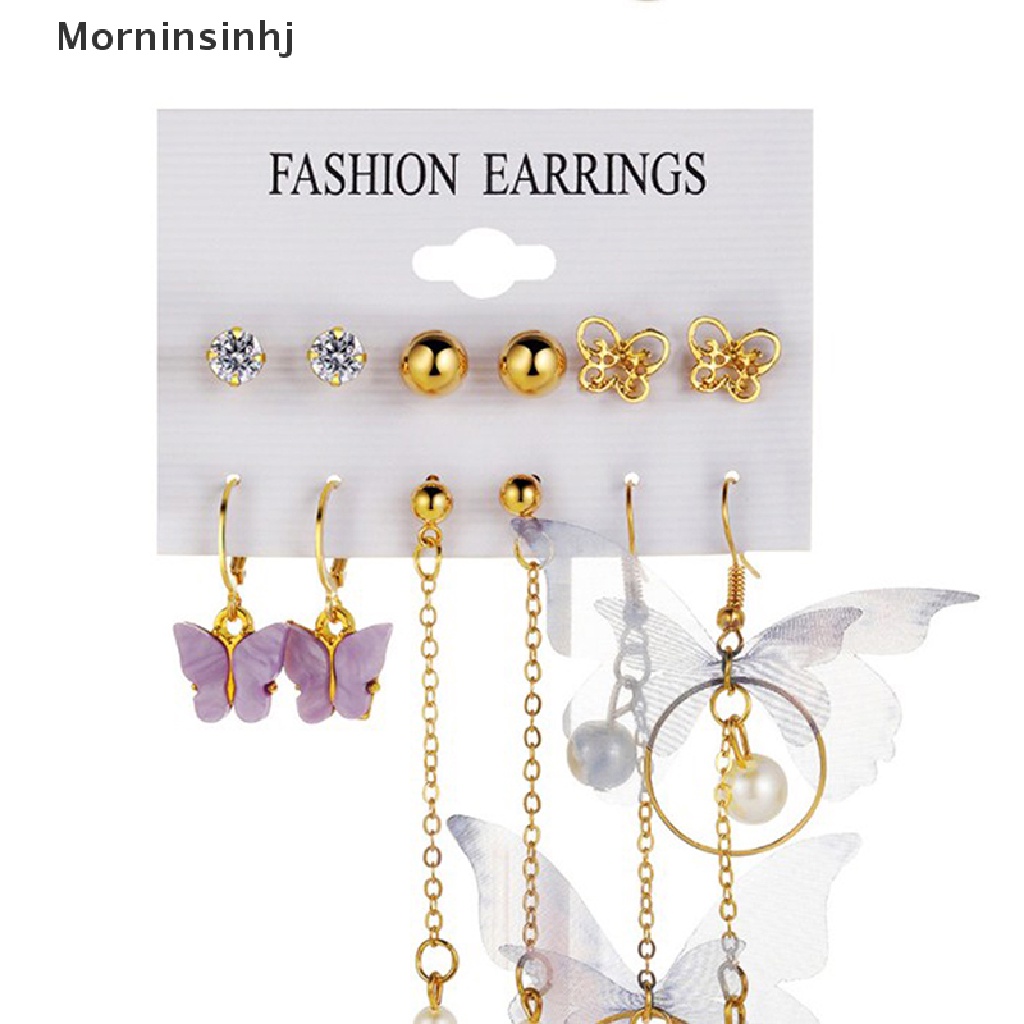 6 Pasang / Set Anting Stud Bentuk Hati Butterfly Aksen Mutiara Warna Emas Untuk Wanita