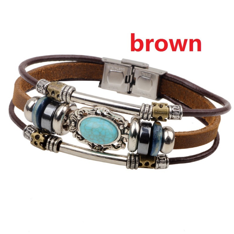 Gelang Manik-Manik Turquoise Bahan Stainless Steel Gaya Retro Untuk Pria Dan Wanita