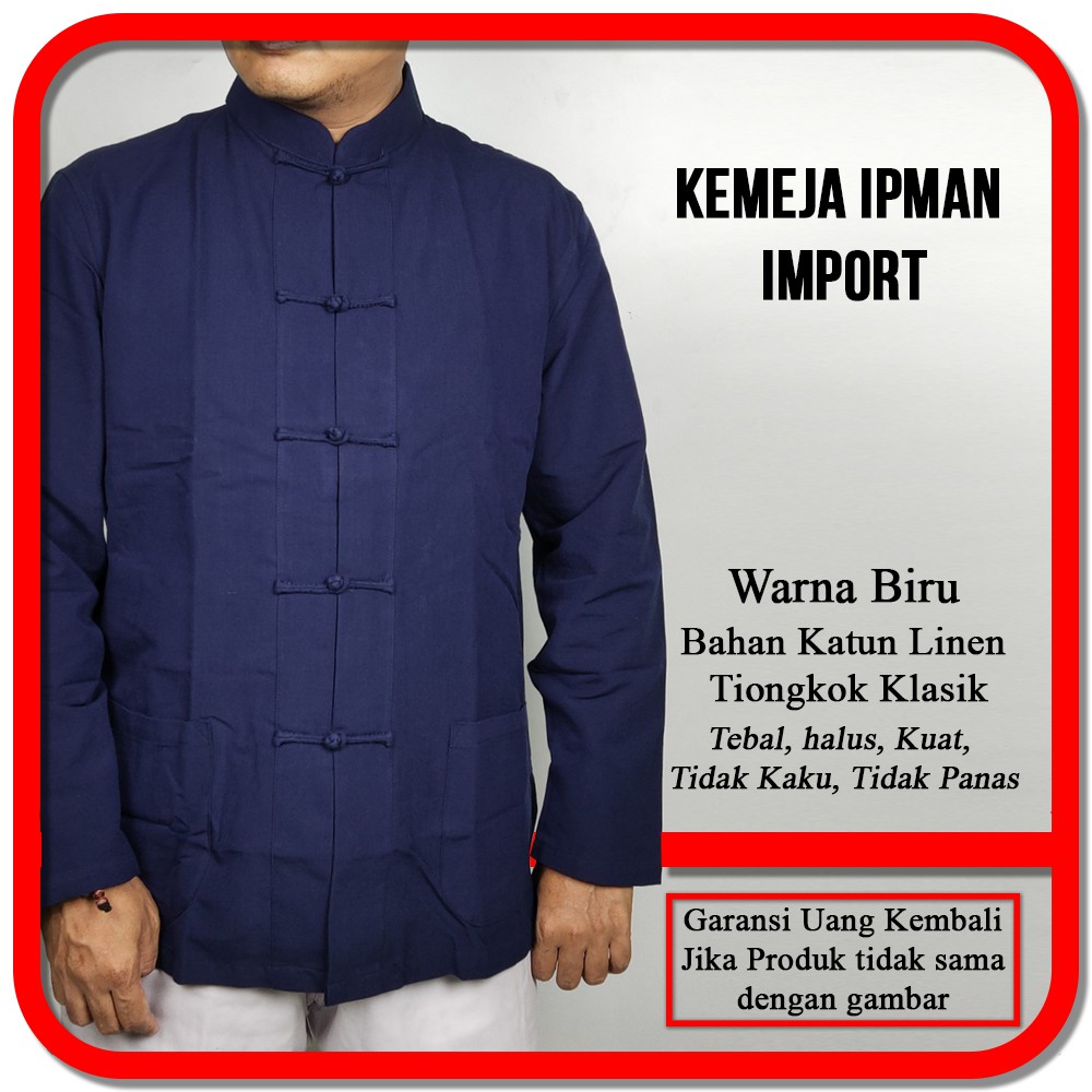 Kemeja Shanghai Pria Cheongsam Ipman Wingchun Tangan Panjang Import Biru