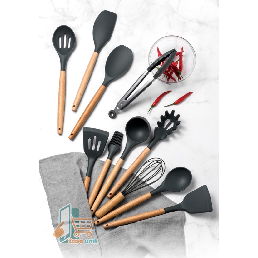 RT82 KITCHEN UTENSIL SILICONE WOOD 12PCS SET PERALATAN DAPUR MASAK BAKING SUTIL SPATULA SENDOK SILIKON SET ALAT MASAK 11 IN 1 GAGANG KAYU CS3947