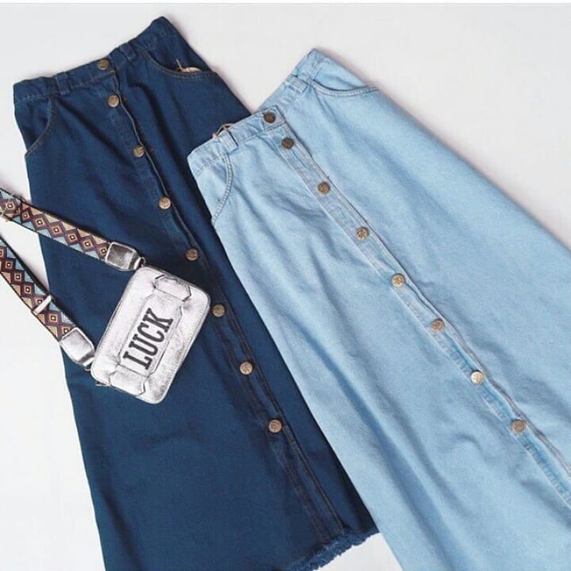 Rok button skirt jeans putih panjang kancing Rok jins denim span knitted hitam Rok wanita-3