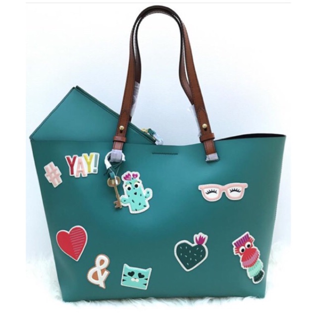 Tas fossil rachel tote teal green original bag