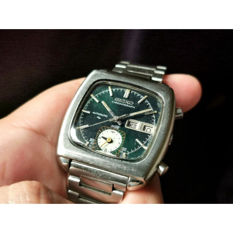Original RARE 70s Vintage Seiko Monaco automatic Chronograph 7016-5000 flyback Green hulk Dial all o