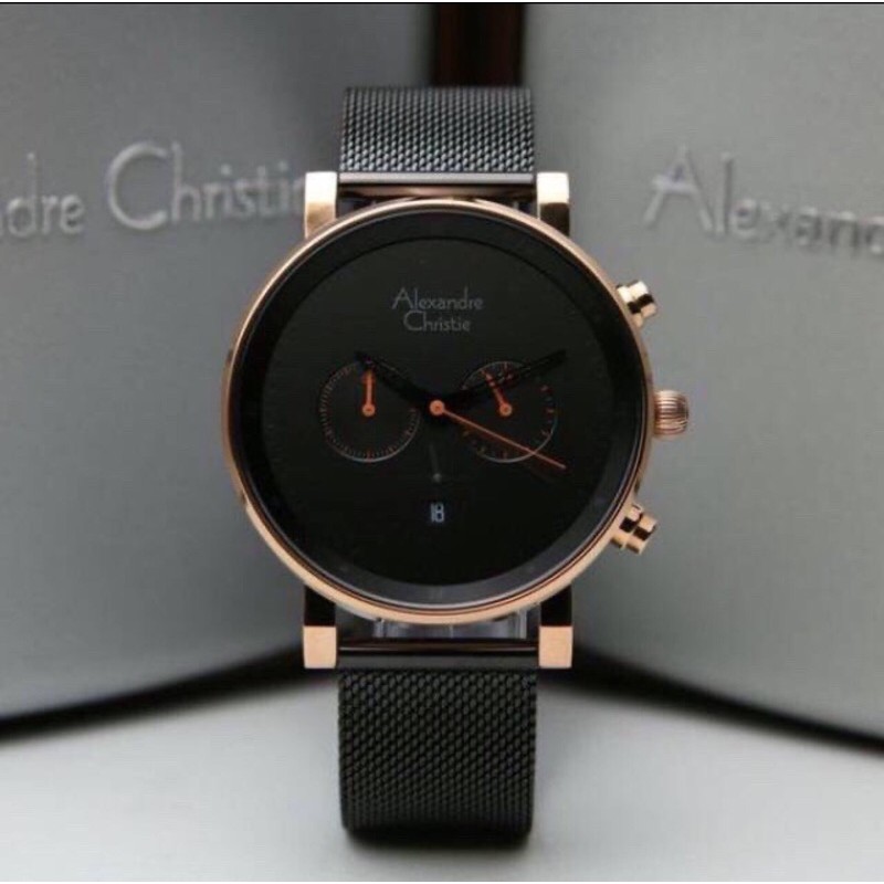JAM TANGAN PRIA ALEXANDRE CHRISTIE AC 6547 BLACK ROSEGOLD RANTAI PASIR ORIGINAL