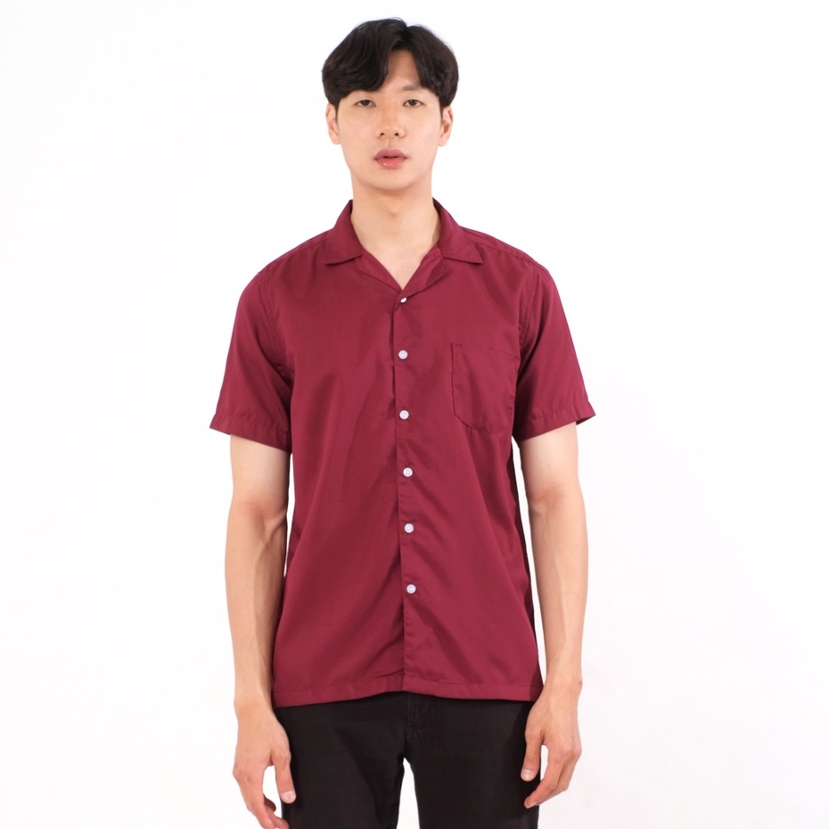 SANVANINA Kemeja Casual Lengan Pendek Polos Marun | Bowling Shirt Maroon  E-1445K