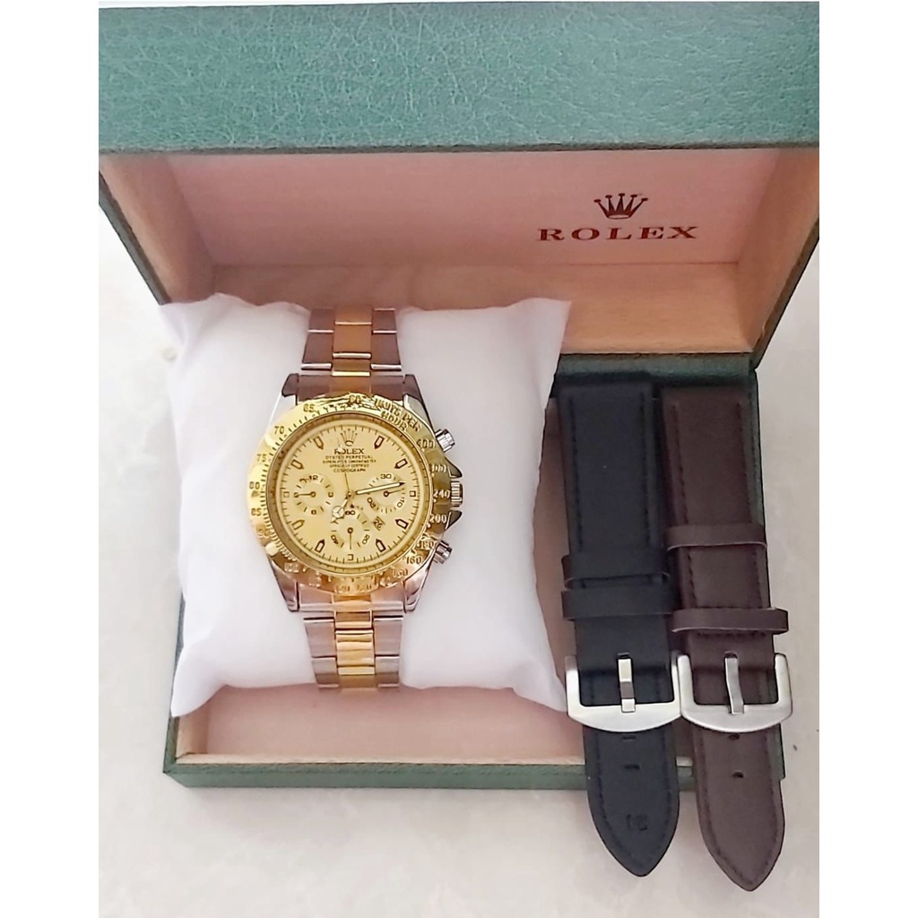 Jam Tangan Rolex Pria Super Premium B485 Sesuai Gambar Chrono Variasi Tanggal Aktif Free Kulit , Box Rolex &amp; Baterai