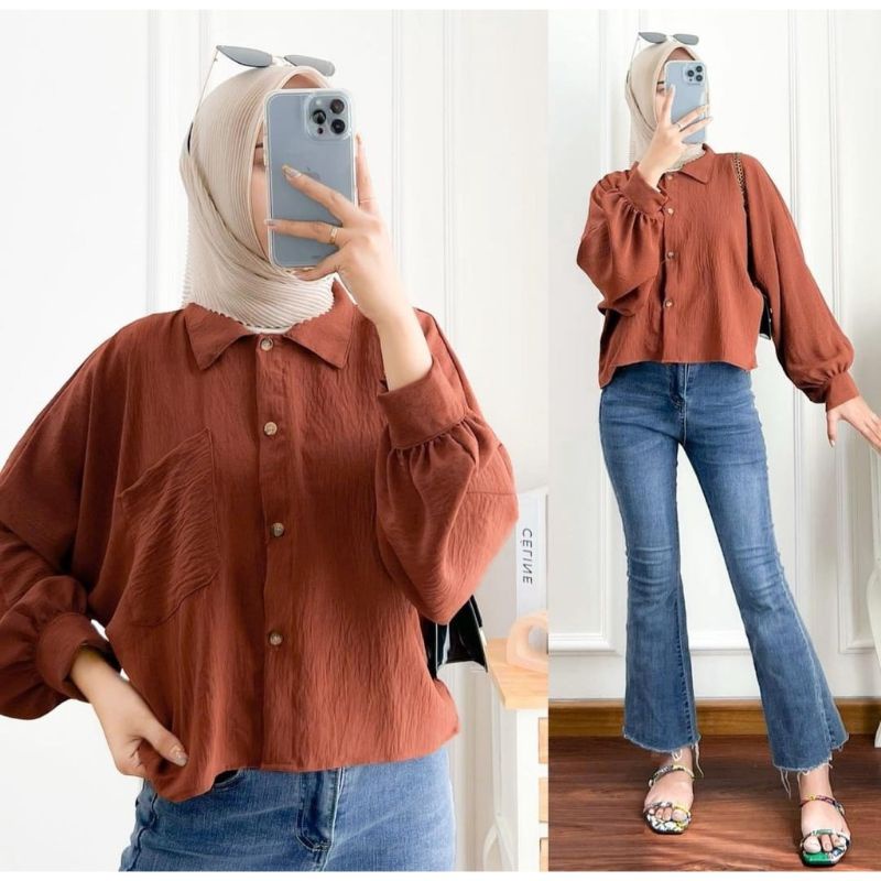 Malvin Blouse Crop Crinkle - Atasan Wanita Crinkle Airflow - Blouse Kemeja Crop Wanita