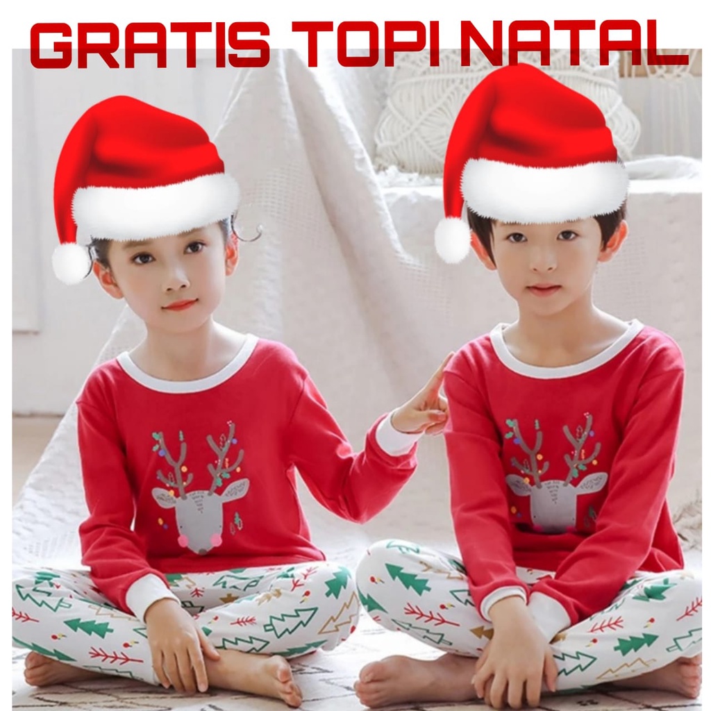 SETELAN BAJU ANAK NATAL MERRY CHIRSTMASS XMAS FREE TOPI / BAJU TIDUR NATAL XMAS